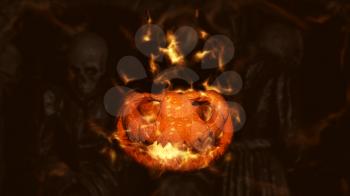 Halloween Pumpkin, Jack O’ Lantern Burning in Flames in a Haunted, Scary Ambient With Grim Reaper and Skeletons