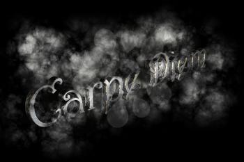 Carpe diem 3D Render- latin phrase that means Capture the moment on black background with white smoke