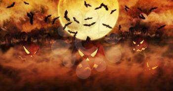 Halloween Pumpkins At The Cemetery Rising From The Mist With Clouds and The Moon In The Background 3D illustration 