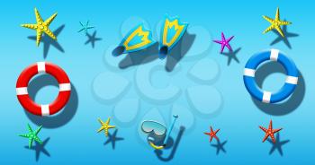 Summer Holiday At Swimming Pool With Scuba Mask, Flippers, Safety Rings and Starfish Floating On a Blue Water Surface