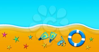 Summer Holiday At Tropical Sandy Beach With Scuba Mask, Flippers, Safety Rings and Starfish Illustration