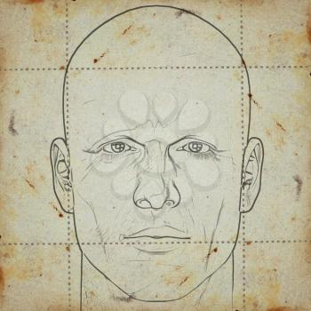 Sketch of a man's head on stained paper background. Digitally created illustration.