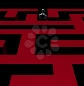 Man finds a solution to exit complex maze. 3d conceptual illustration.