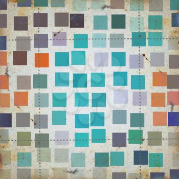 Grunge squares colorful abstract pattern on textured paper. Background illustration.