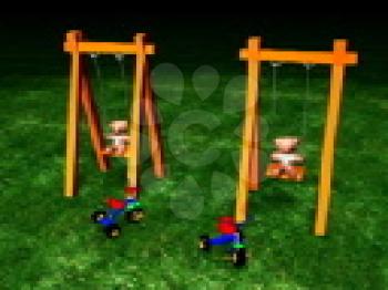 Royalty Free Video of Teddy Bears in Swings Beside Trikes