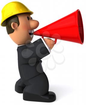 Royalty Free Clipart Image of a Man Wearing a Hard Hat Using a Bullhorn