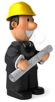 Royalty Free Clipart Image of a Man in a Hard Hat Holding a Roll of Paper and Facing to the Right