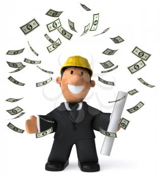Royalty Free Clipart Image of a Man in a Hard Hat Surrounded by Falling Dollar Bills