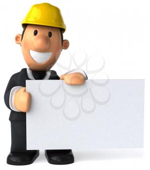 Royalty Free Clipart Image of a Man in a Hard Hat With a Sign