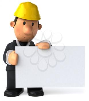 Royalty Free Clipart Image of a Man in a Hard Hat Holding a Blank Sign