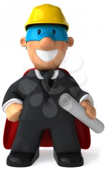 Royalty Free Clipart Image of a Superhero in a Business Suit Wearing a Hard Hat