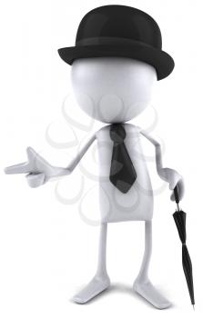 Royalty Free Clipart Image of a White Ball Guy In a Bowler With an Umbrella