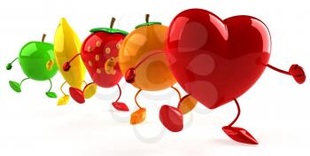 Royalty Free Clipart Image of a Heart Leading a Parade of Fruit