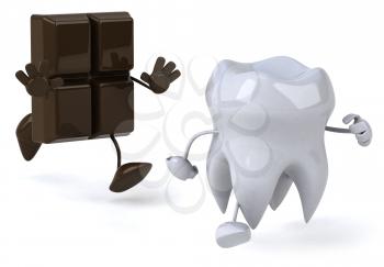 Royalty Free Clipart Image of a Piece of Chocolate Chasing a Tooth