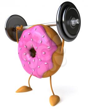 Royalty Free Clipart Image of a Pink Glazed Doughnut Lifting Weights