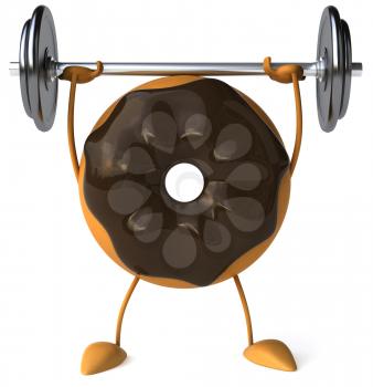 Royalty Free Clipart Image of a Chocolate Doughnut Lifting Weights
