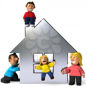 Royalty Free Clipart Image of a Happy Family Around a Silver House