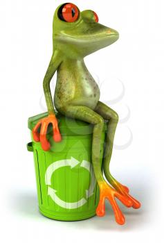 Royalty Free Clipart Image of a Frog Sitting on a Recycling Bin