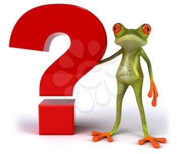 Royalty Free Clipart Image of a Frog Standing Beside a Question Mark