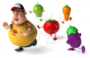 Royalty Free Clipart Image of an Overweight Man Being Chased By Vegetables