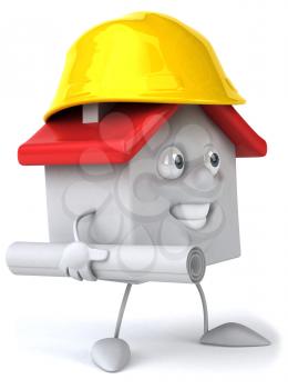 Royalty Free Clipart Image of a House With a Hard Hat and Rolled Paper