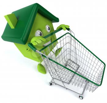 Royalty Free Clipart Image of a Green House Pushing a Shopping Cart