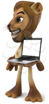 Royalty Free Clipart Image of a Lion Holding a Laptop