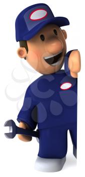 Royalty Free Clipart Image of a Mechanic Looking From Behind a Wall