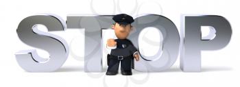 Royalty Free Clipart Image of a Police Officer in Front of the Word Stop