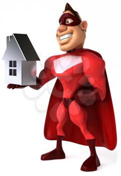 Royalty Free Clipart Image of a Superhero Holding a House