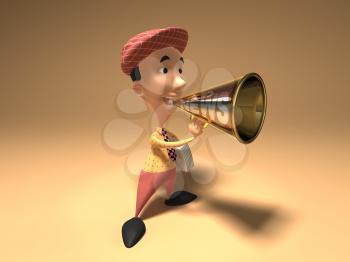 Royalty Free 3d Clipart Image of a Paperboy With an Armful of Newspapers and Talking into a MegaPhone