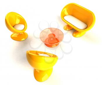 Royalty Free 3d Clipart Image of Yellow Bubble Chairs and Loveseat and Table