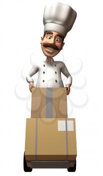 Royalty Free 3d Clipart Image of a Chef Pushing a Dolly Cart with Cartons on it