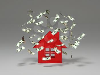 Royalty Free 3d Clipart Image of a House With Money Floating Around It