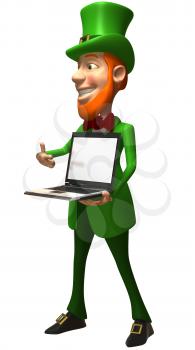 Royalty Free 3d Clipart Image of a Leprechaun Holding a Laptop Computer