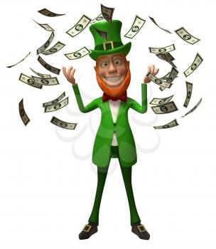 Royalty Free 3d Clipart Image of an Leprechaun Surrounded by Floating Dollar Bills