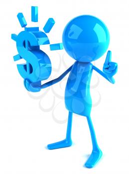 Royalty Free 3d Clipart Image of a Blue Guy Holding a Large Dollar Sign