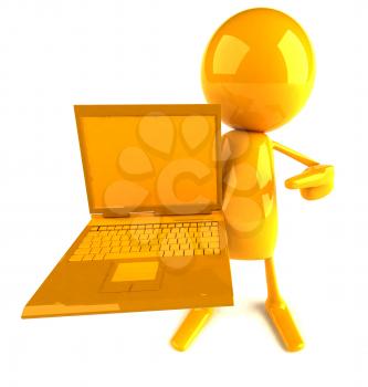 Royalty Free 3d Clipart Image of a Yellow Guy Holding a Laptop Computer