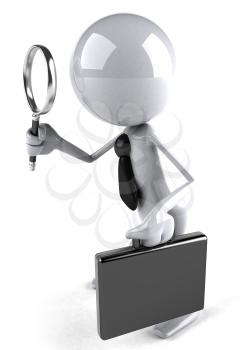Royalty Free 3d Clipart Image of a White Guy Holding a Briefcase and Magnifying Glass