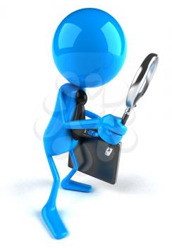 Royalty Free 3d Clipart Image of a Blue Guy Holding a Briefcase and Magnifying Glass