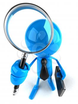 Royalty Free 3d Clipart Image of a Blue Guy Holding a Briefcase and Magnifying Glass