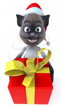 Royalty Free 3d Clipart Image of a Cat Wearing a Christmas Hat and Holding a Gift