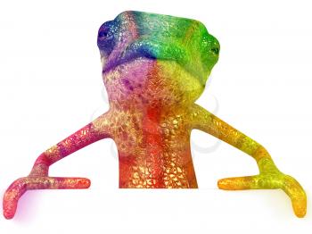 Royalty Free 3d Clipart Image of a Brightly Colored Chameleon Holding a Sign Board