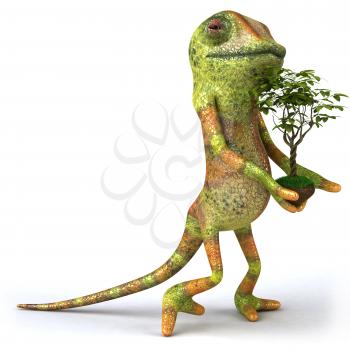 Royalty Free 3d Clipart Image of a Chameleon Holding a Small Tree