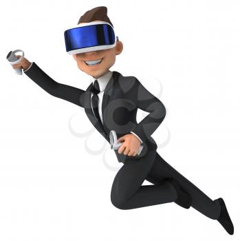 Fun 3D illustration of a cartoon businessman with a VR helmet