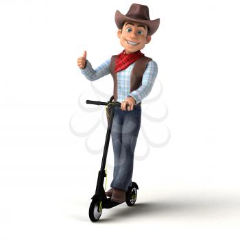 Fun 3D illustration of a fun cowboy on an electric scooter