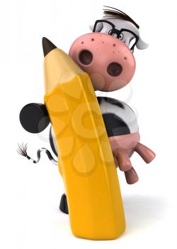 Royalty Free Clipart Image of a Holstein Cow With a Pencil