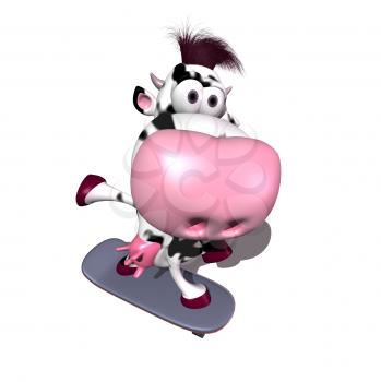 Royalty Free 3d Clipart Image of a Cow Riding a Skateboard