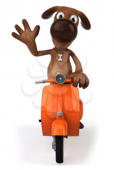 Royalty Free Clipart Image of a Dog Riding a Moped and Waving