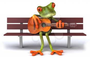 Royalty Free 3d Clipart Image of a Frog Sitting on a Bench Playing a Guitar